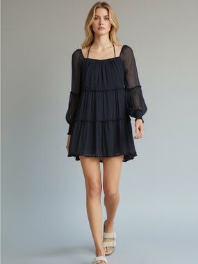 Cinq a Sept Size 8 Zina Navy Blue Puff Sleeve Tiered Mini Dress Halter Neck